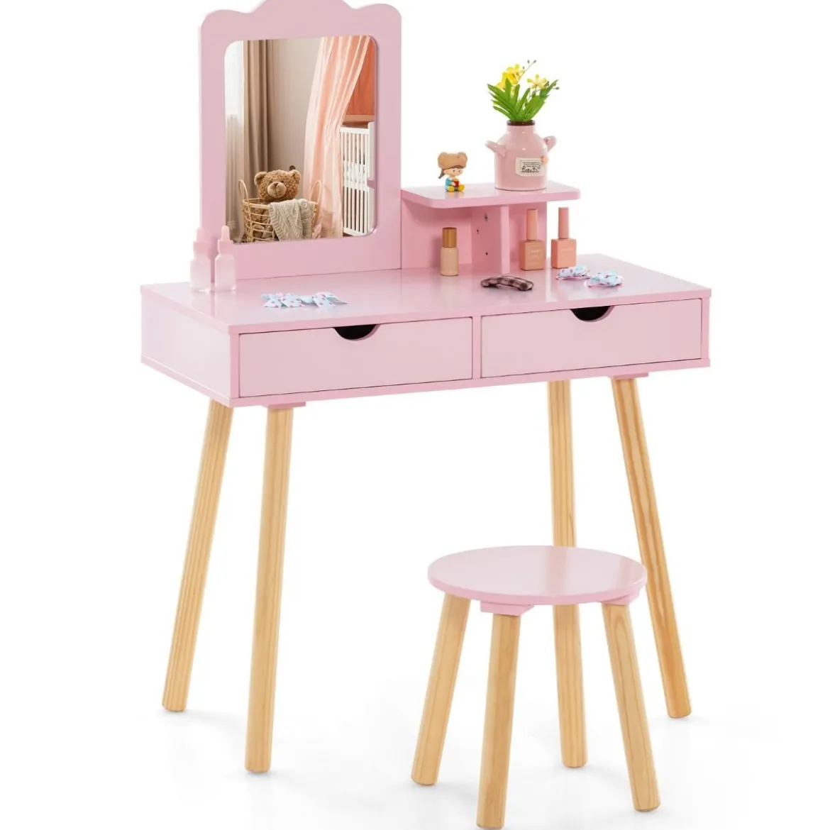 2 in 1 Kinder Schminktisch Set Schreibtisch & Hocker mit Spiegel 70 x 37 x 100 cm Weiß/Rosa