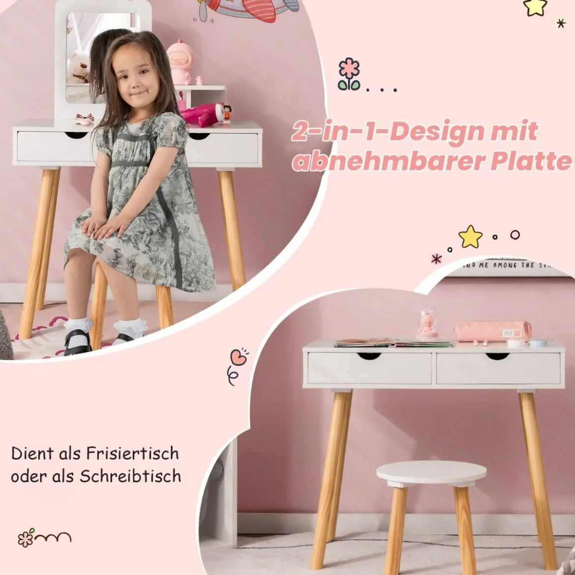 2 in 1 Kinder Schminktisch Set Schreibtisch & Hocker mit Spiegel 70 x 37 x 100 cm Weiß/Rosa