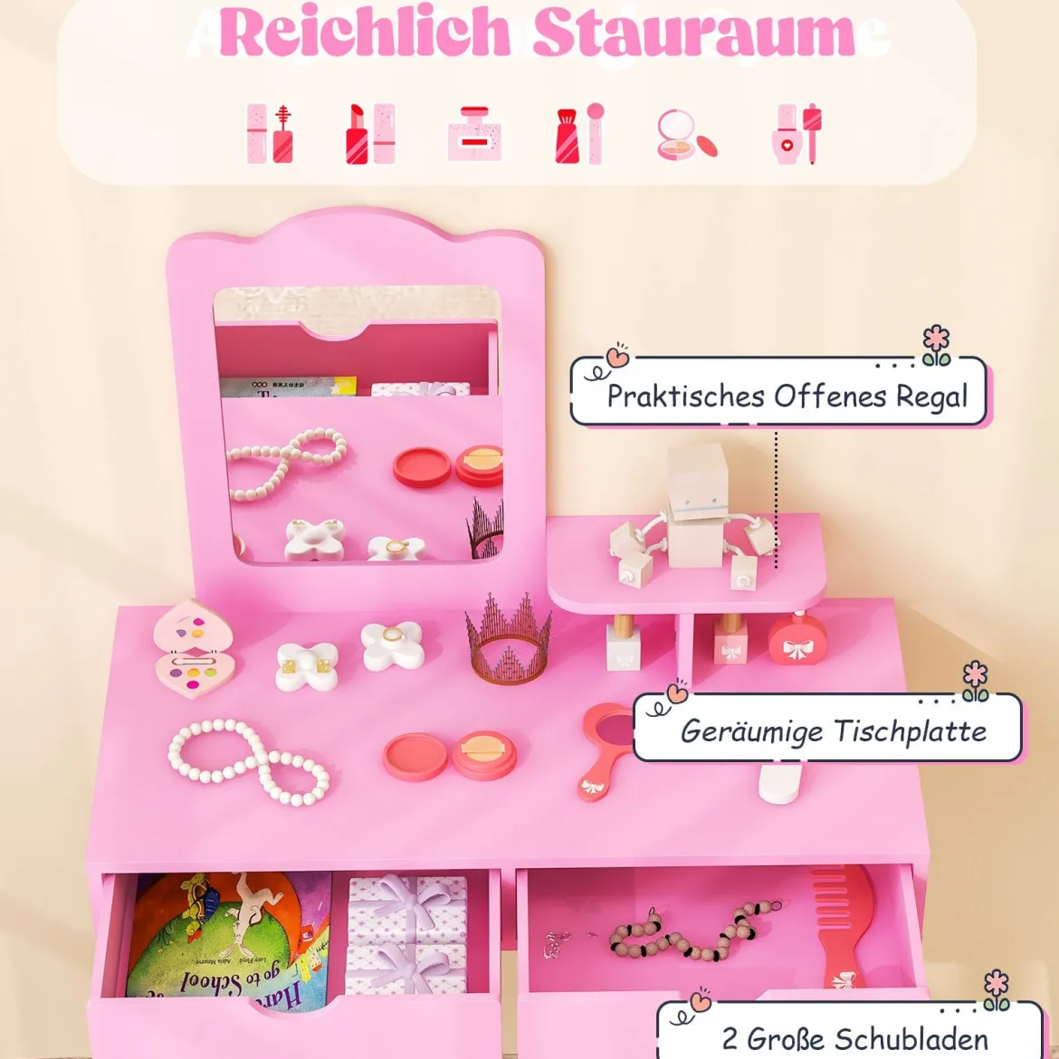 2 in 1 Kinder Schminktisch Set Schreibtisch & Hocker mit Spiegel 70 x 37 x 100 cm Weiß/Rosa