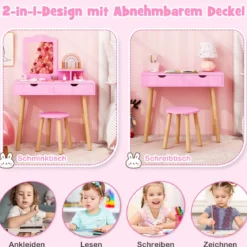 2 in 1 Kinder Schminktisch Set Schreibtisch & Hocker mit Spiegel 70 x 37 x 100 cm Weiß/Rosa