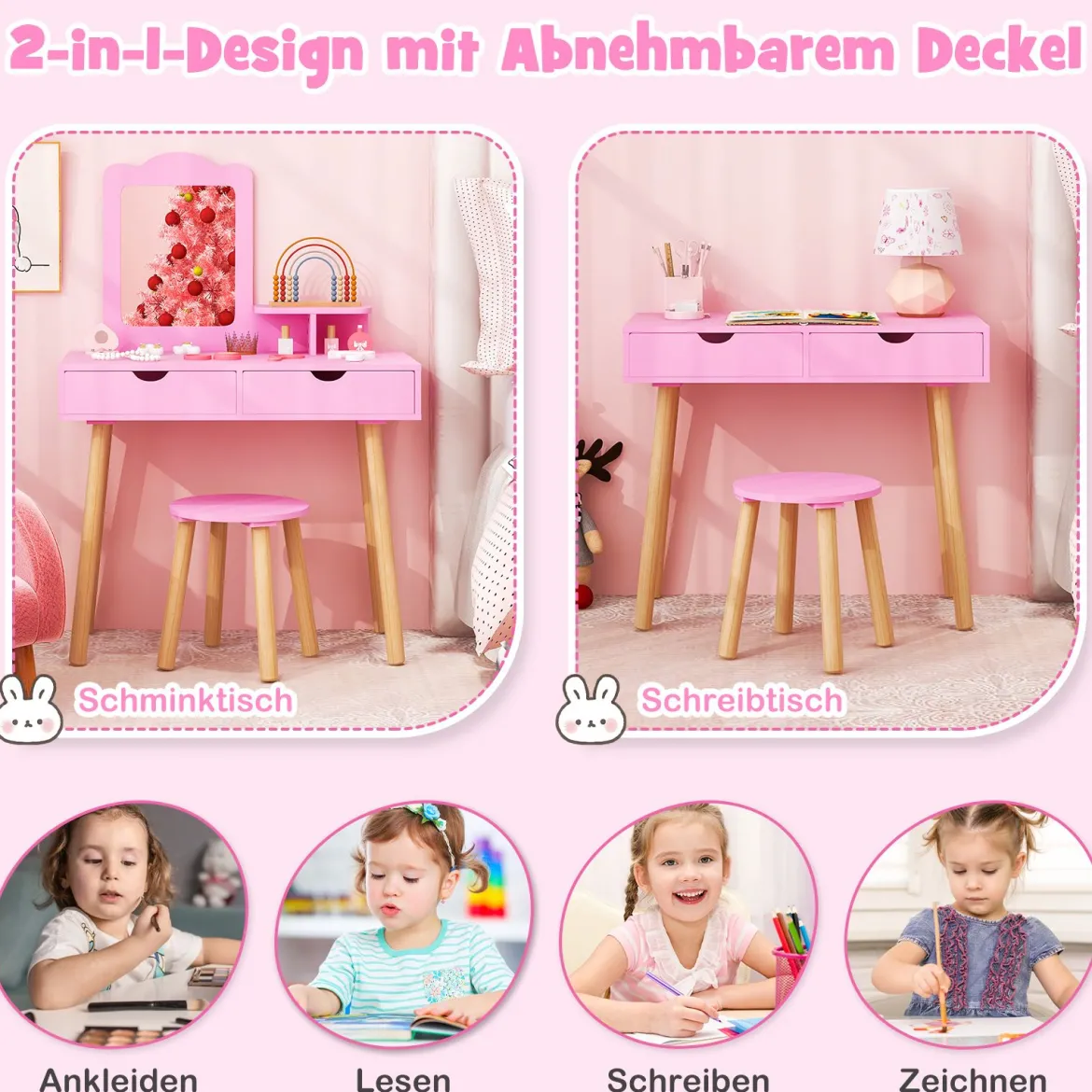 2 in 1 Kinder Schminktisch Set Schreibtisch & Hocker mit Spiegel 70 x 37 x 100 cm Weiß/Rosa