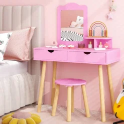 2 in 1 Kinder Schminktisch Set Schreibtisch & Hocker mit Spiegel 70 x 37 x 100 cm Weiß/Rosa