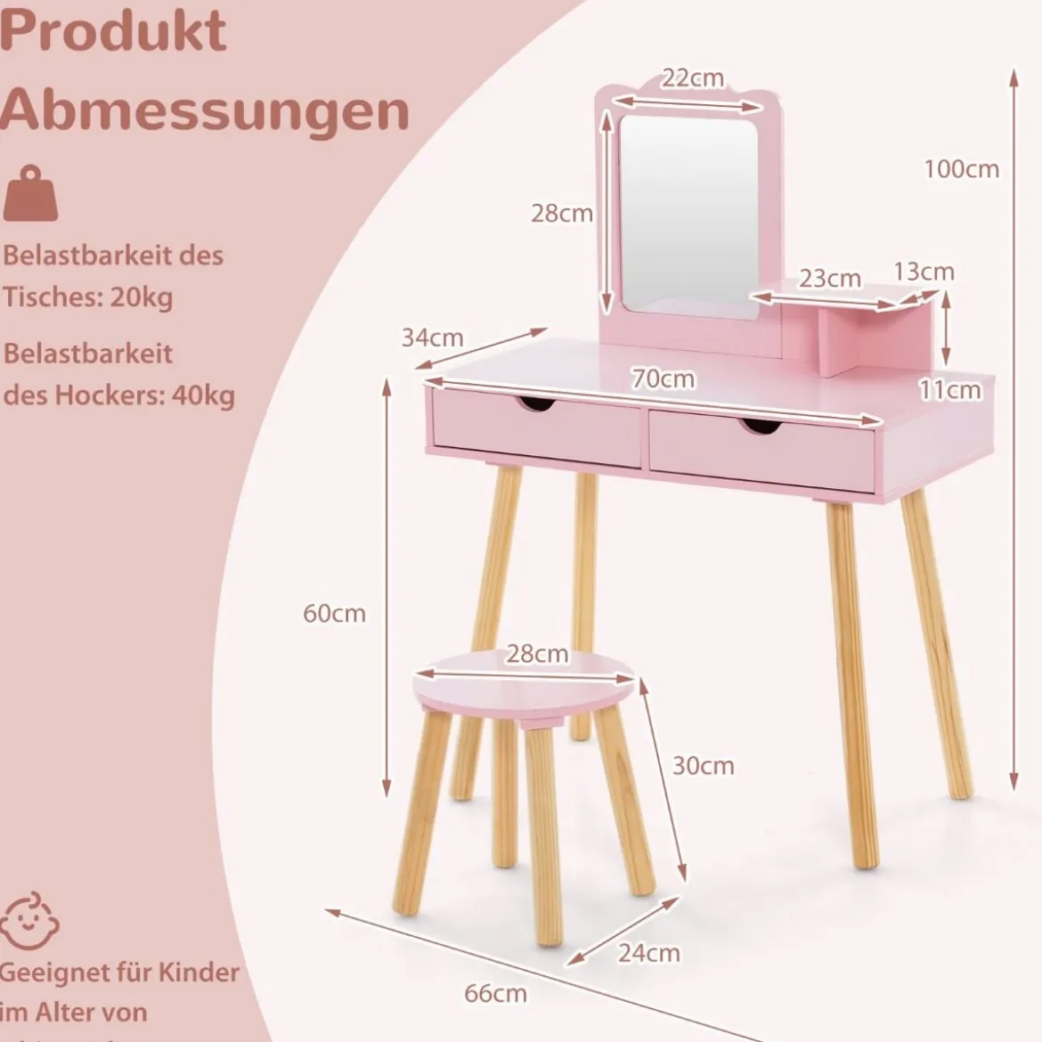 2 in 1 Kinder Schminktisch Set Schreibtisch & Hocker mit Spiegel 70 x 37 x 100 cm Weiß/Rosa