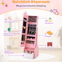 2 in 1 Kinder Schmuckschrank mit Ganzkörperspiegel & Schublade Spiegelschrank