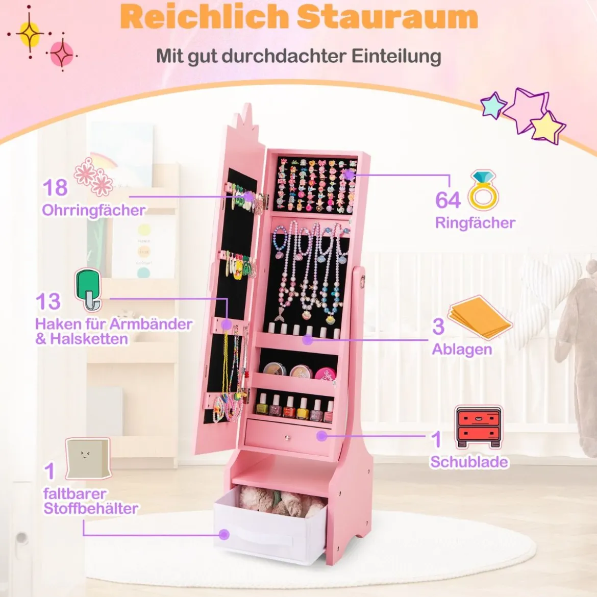 2 in 1 Kinder Schmuckschrank mit Ganzkörperspiegel & Schublade Spiegelschrank
