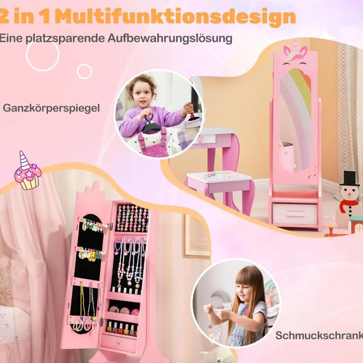 2 in 1 Kinder Schmuckschrank mit Ganzkörperspiegel & Schublade Spiegelschrank