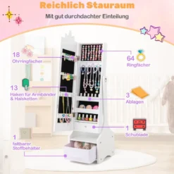 2 in 1 Kinder Schmuckschrank mit Ganzkörperspiegel & Schublade Spiegelschrank