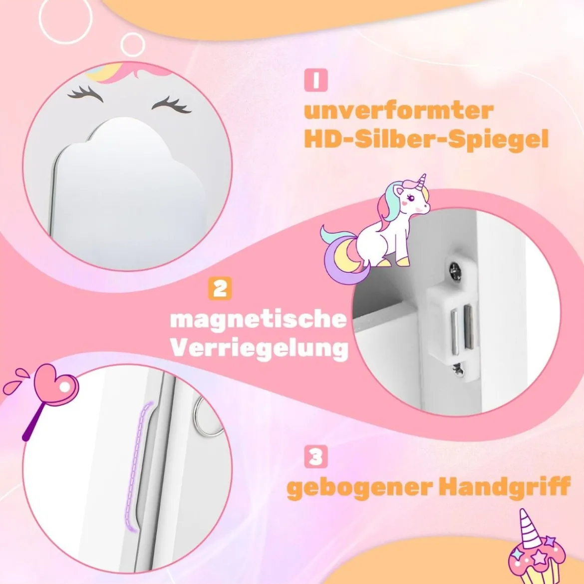2 in 1 Kinder Schmuckschrank mit Ganzkörperspiegel & Schublade Spiegelschrank