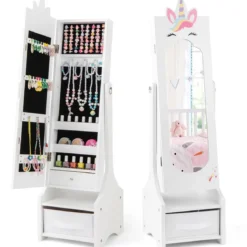 2 in 1 Kinder Schmuckschrank mit Ganzkörperspiegel & Schublade Spiegelschrank