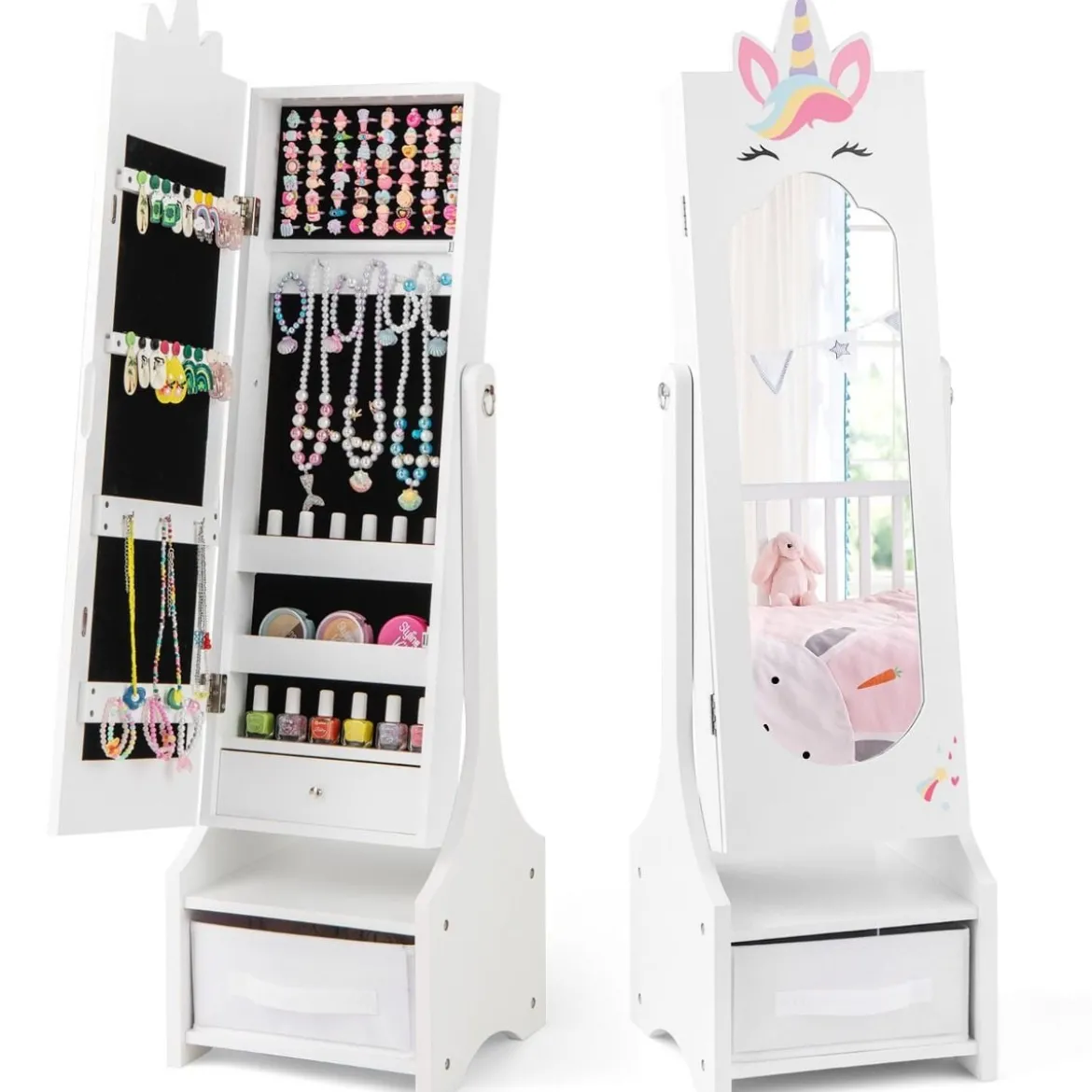 2 in 1 Kinder Schmuckschrank mit Ganzkörperspiegel & Schublade Spiegelschrank
