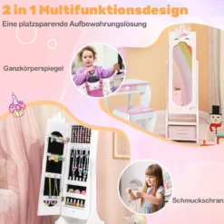 2 in 1 Kinder Schmuckschrank mit Ganzkörperspiegel & Schublade Spiegelschrank