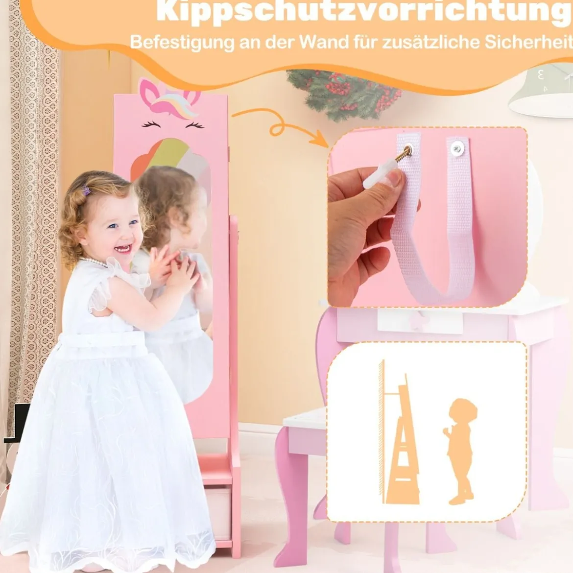 2 in 1 Kinder Schmuckschrank mit Ganzkörperspiegel & Schublade Spiegelschrank