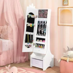 2 in 1 Kinder Schmuckschrank mit Ganzkörperspiegel & Schublade Spiegelschrank