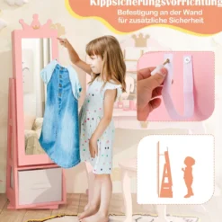 3 in 1 Kinder Schmuckschrank mit Ganzkörperspiegel & Aufbewahrungskorb Schmuckregal