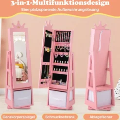 3 in 1 Kinder Schmuckschrank mit Ganzkörperspiegel & Aufbewahrungskorb Schmuckregal