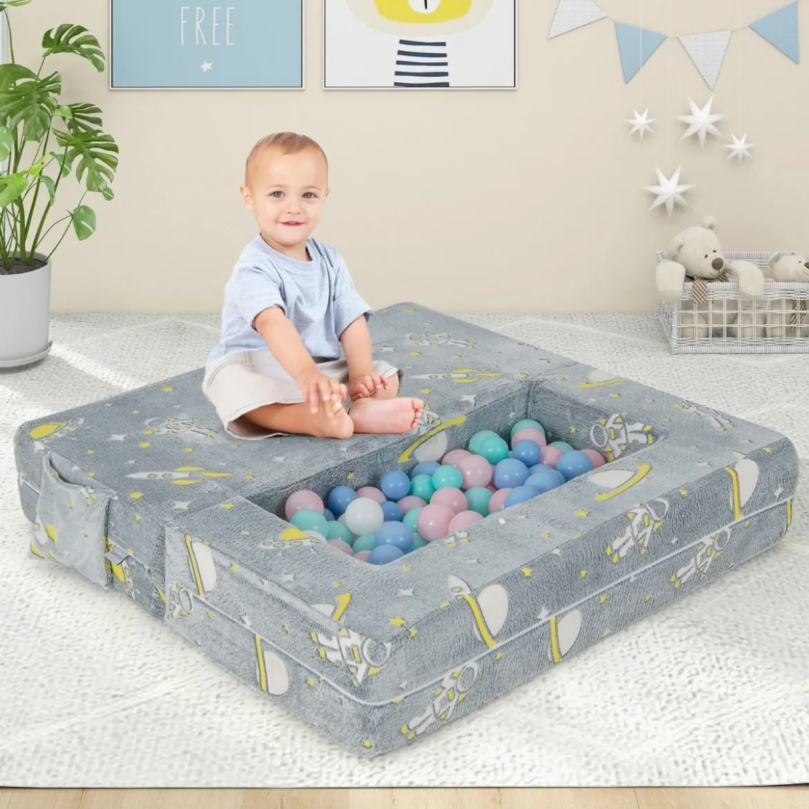 4 in 1 Kindersessel mit 2 Ottomanen & Abnehmbarem Bezug im Dunkeln Leuchtend 107 x 52 x 41,5 cm