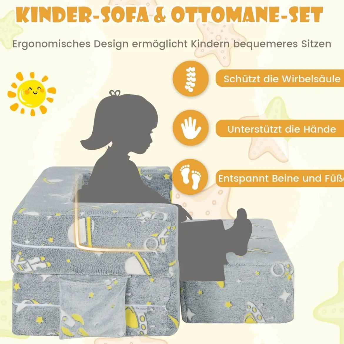 4 in 1 Kindersessel mit 2 Ottomanen & Abnehmbarem Bezug im Dunkeln Leuchtend 107 x 52 x 41,5 cm