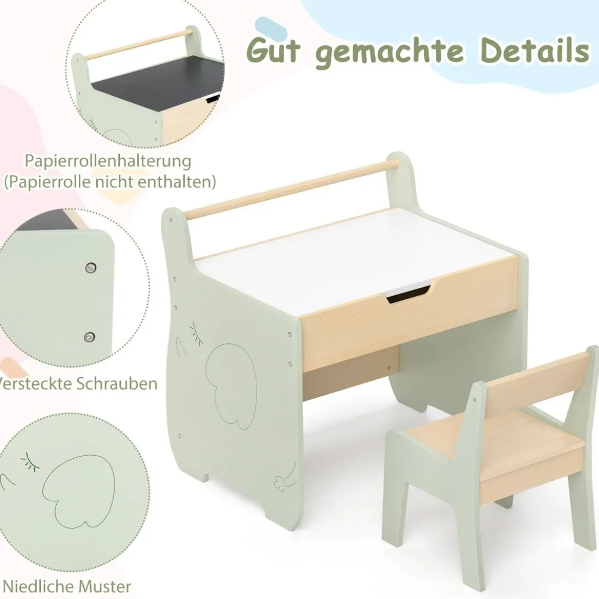 3 in 1 Kindersitzgruppe aus Holz Kindertisch mit Stuhl Kinder Maltisch mit Wendbarer Tischplatte