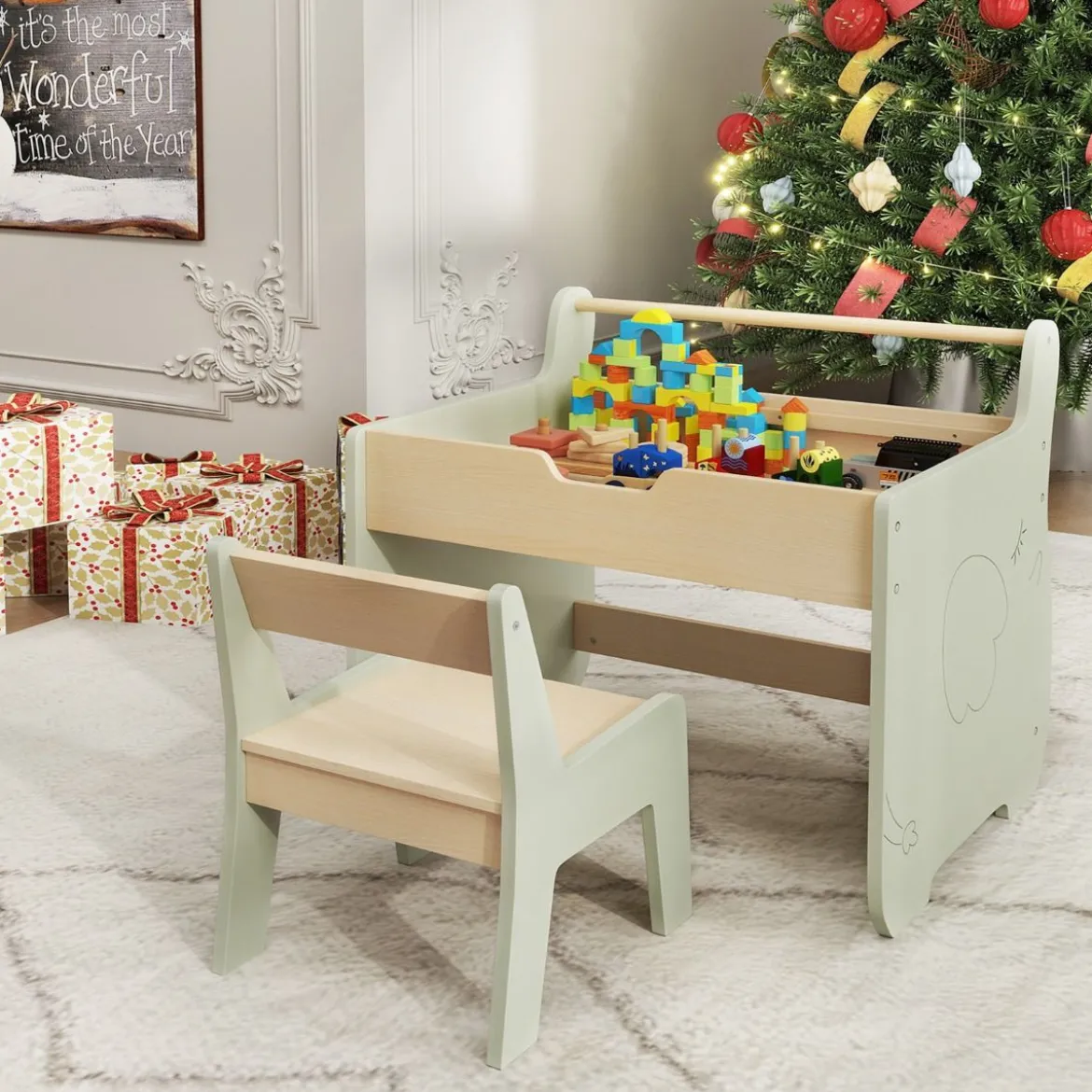 3 in 1 Kindersitzgruppe aus Holz Kindertisch mit Stuhl Kinder Maltisch mit Wendbarer Tischplatte