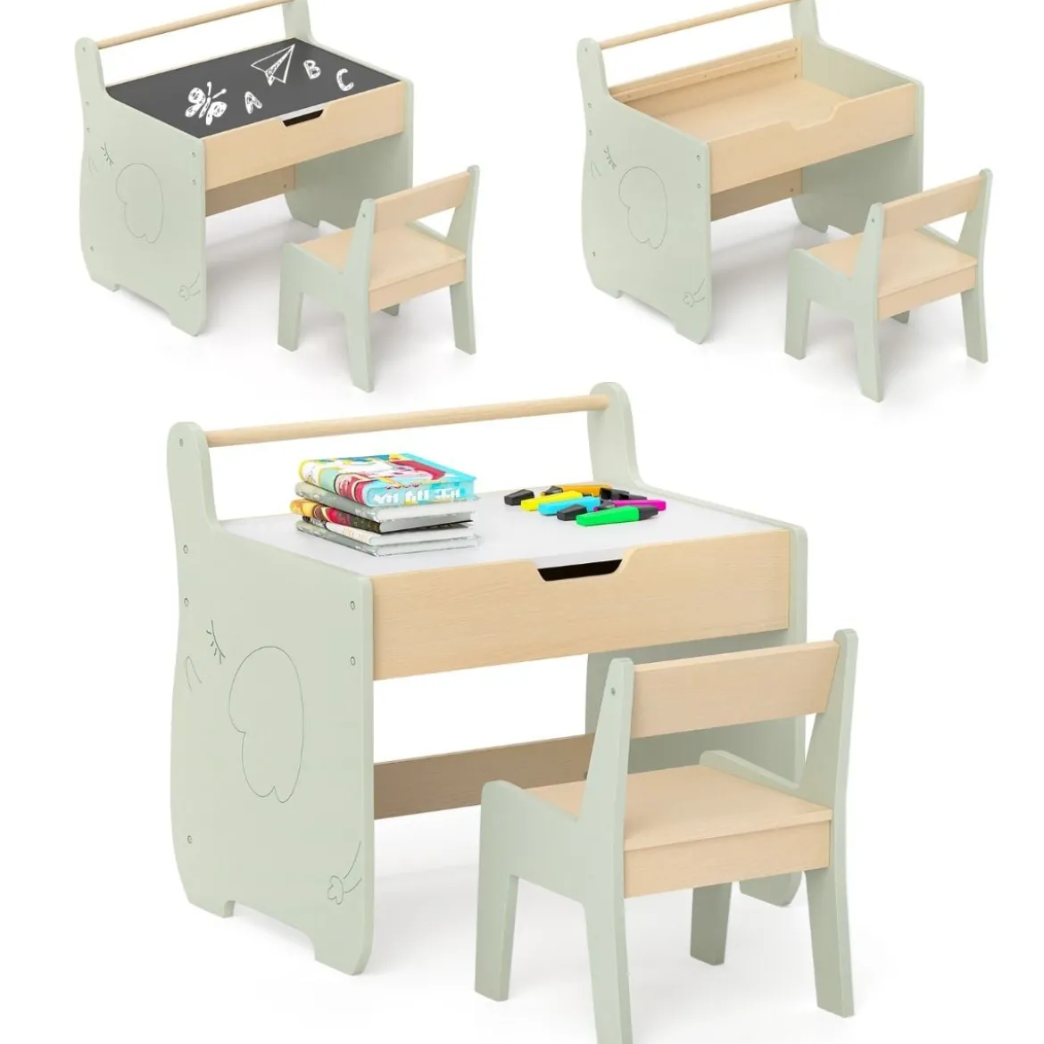 3 in 1 Kindersitzgruppe aus Holz Kindertisch mit Stuhl Kinder Maltisch mit Wendbarer Tischplatte