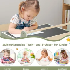 3 in 1 Kindersitzgruppe aus Holz Kindertisch mit Stuhl Kinder Maltisch mit Wendbarer Tischplatte