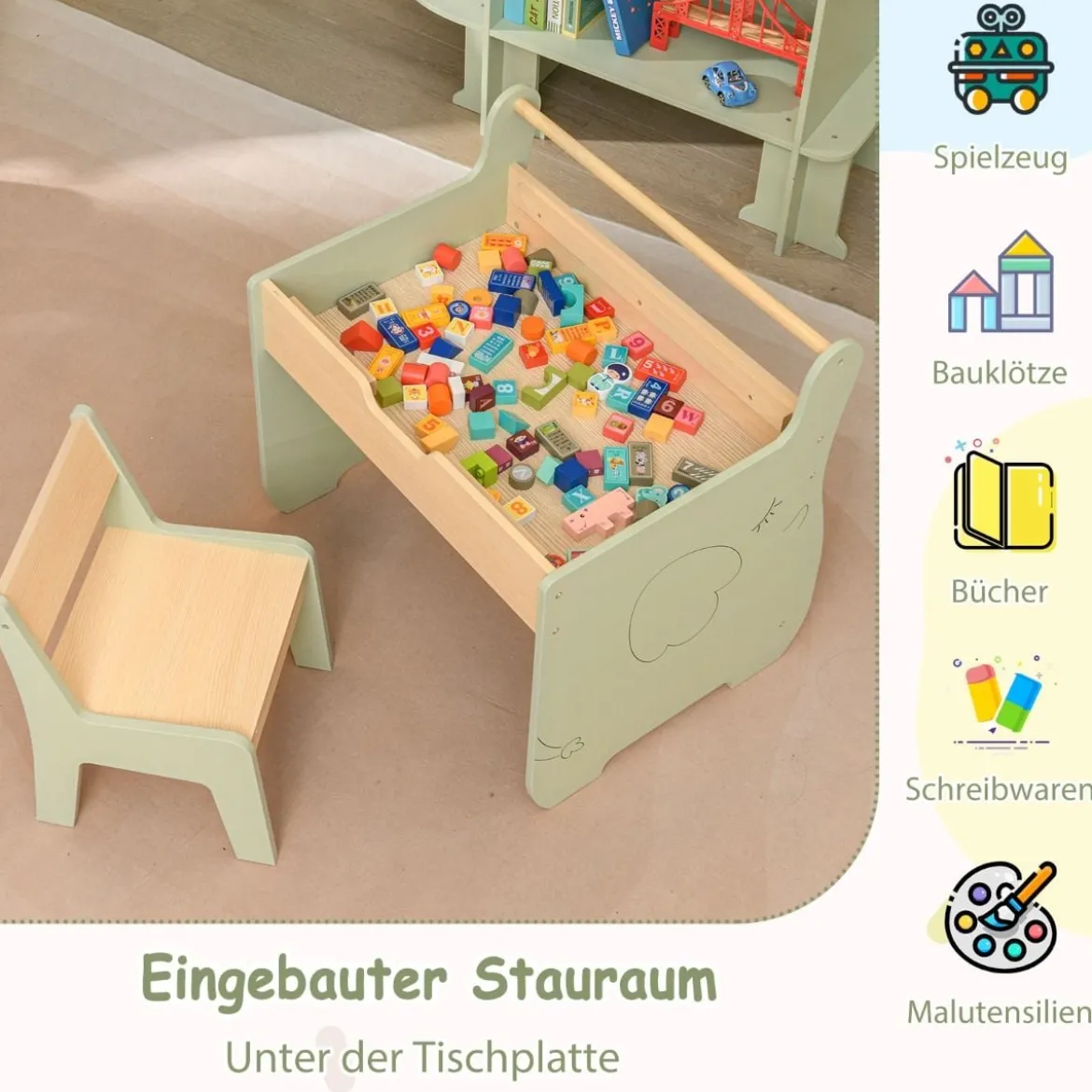 3 in 1 Kindersitzgruppe aus Holz Kindertisch mit Stuhl Kinder Maltisch mit Wendbarer Tischplatte