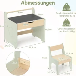 3 in 1 Kindersitzgruppe aus Holz Kindertisch mit Stuhl Kinder Maltisch mit Wendbarer Tischplatte