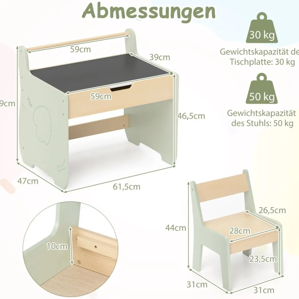 3 in 1 Kindersitzgruppe aus Holz Kindertisch mit Stuhl Kinder Maltisch mit Wendbarer Tischplatte