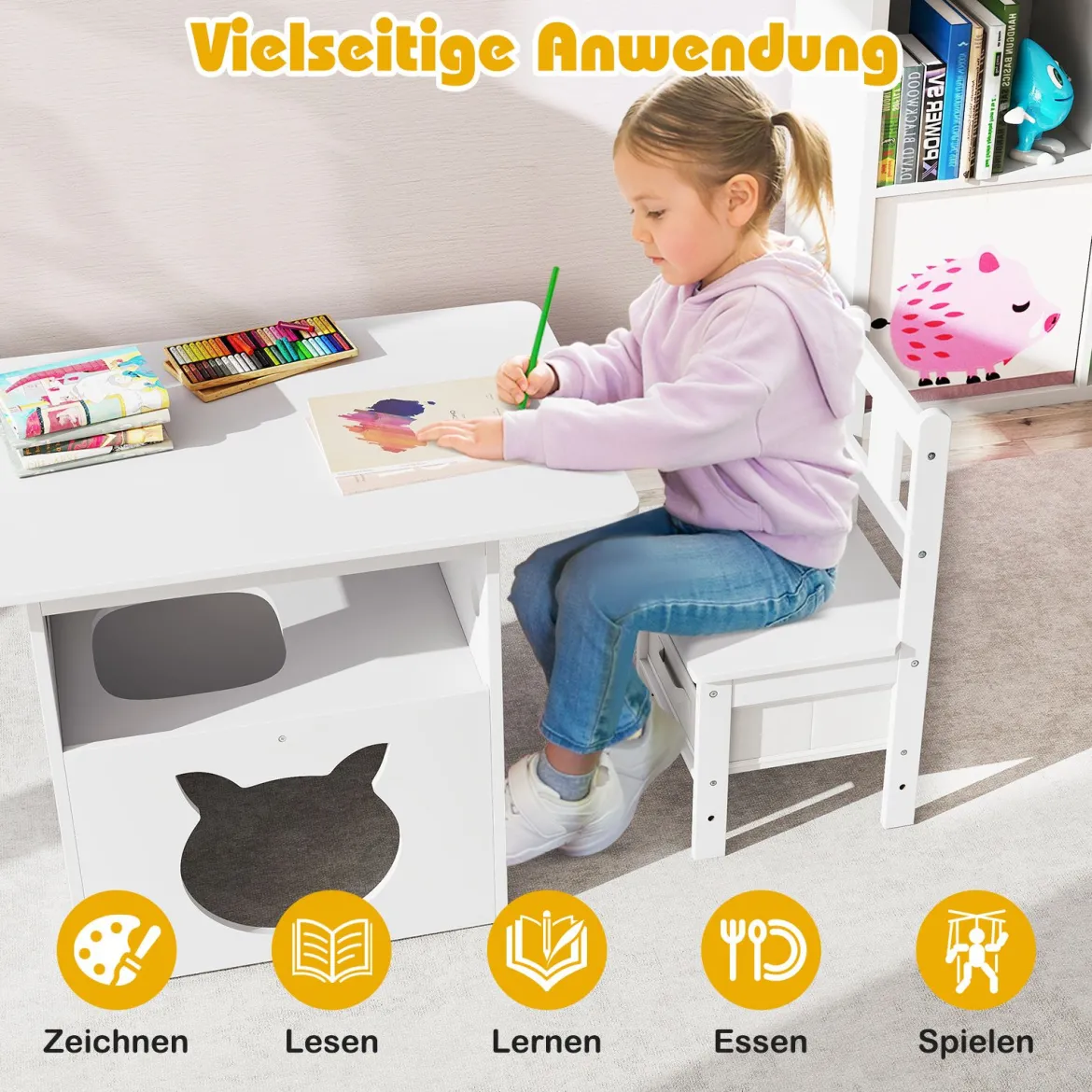 2 in 1 Kindersitzgruppe mit Katzenhaus 3 tlg. Kindertisch mit 2 Stühlen inkl. Stoffboxen Weiß
