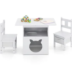 2 in 1 Kindersitzgruppe mit Katzenhaus 3 tlg. Kindertisch mit 2 Stühlen inkl. Stoffboxen Weiß