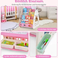 3 in 1 Kinder Sitzgruppe & Tafel & Bücherregal mit 3 Aufbewahrungsboxen & Hocker Rosa