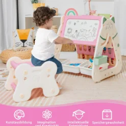 3 in 1 Kinder Sitzgruppe & Tafel & Bücherregal mit 3 Aufbewahrungsboxen & Hocker Rosa