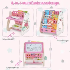 3 in 1 Kinder Sitzgruppe & Tafel & Bücherregal mit 3 Aufbewahrungsboxen & Hocker Rosa