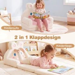 2 in 1 Kindersofa Ausklappbar Kindersessel Umwandelbar Schlafsofa in Hasenform Rosa