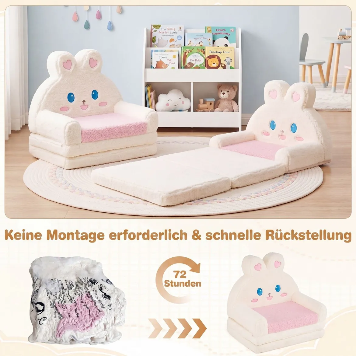 2 in 1 Kindersofa Ausklappbar Kindersessel Umwandelbar Schlafsofa in Hasenform Rosa