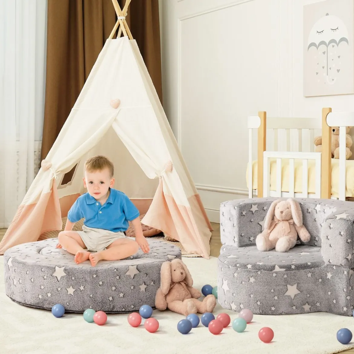 2 in 1 Kindersofa im Dunkeln Leuchtend mit Abnehmbarem Bezug Spielsofa Kindercouch