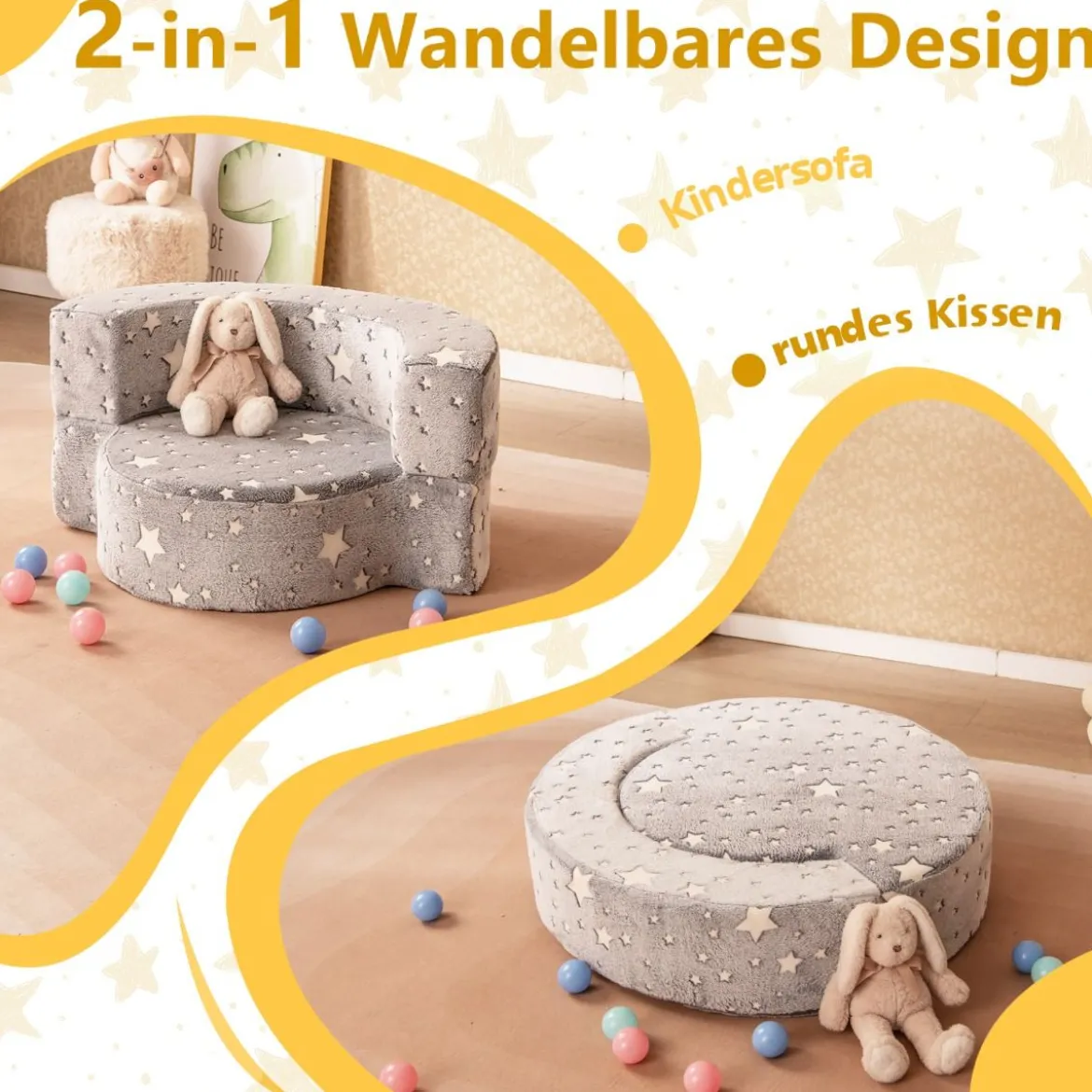 2 in 1 Kindersofa im Dunkeln Leuchtend mit Abnehmbarem Bezug Spielsofa Kindercouch