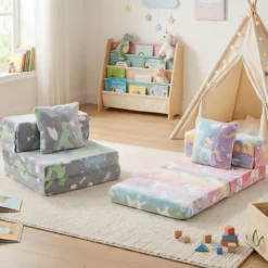 3 in 1 Kindersofa im Dunkeln Leuchtend mit Kissen & Abnehmbarem Bezug Gepolsterter Kindersessel Bunt