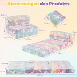 3 in 1 Kindersofa im Dunkeln Leuchtend mit Kissen & Abnehmbarem Bezug Gepolsterter Kindersessel Bunt