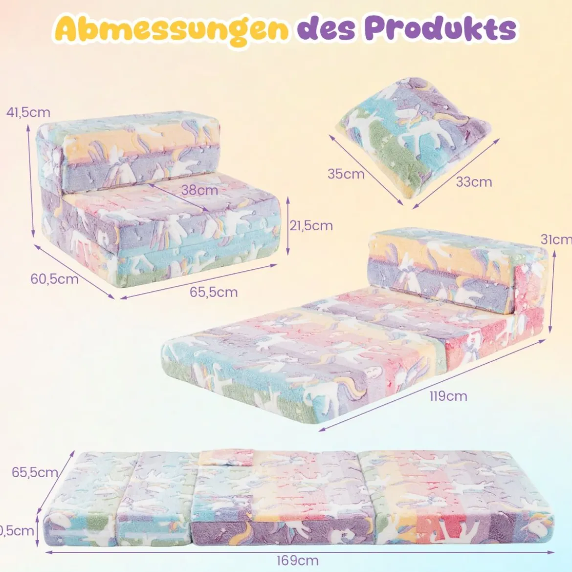 3 in 1 Kindersofa im Dunkeln Leuchtend mit Kissen & Abnehmbarem Bezug Gepolsterter Kindersessel Bunt