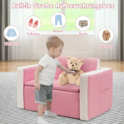 2 in 1 Kindersofa mit Tisch & 2 Stühle & Holzrahmen & PVC-Oberfläche Rosa