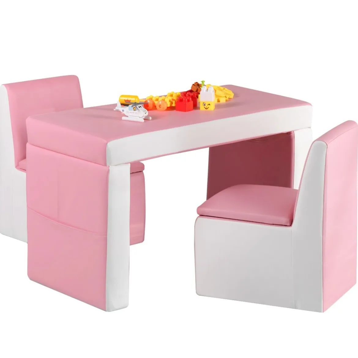 2 in 1 Kindersofa mit Tisch & 2 Stühle & Holzrahmen & PVC-Oberfläche Rosa