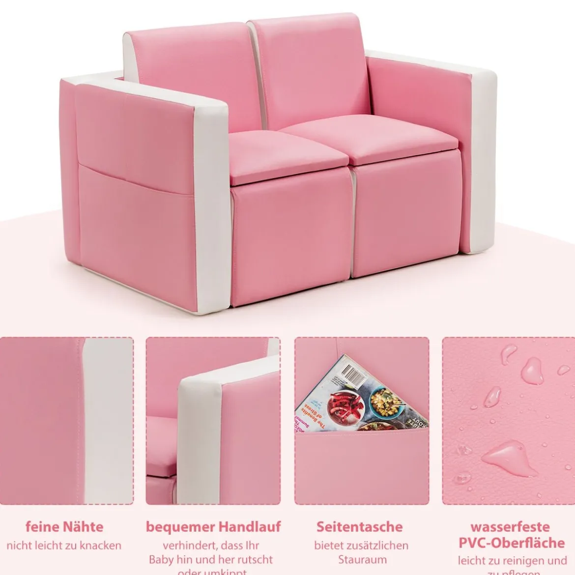 2 in 1 Kindersofa mit Tisch & 2 Stühle & Holzrahmen & PVC-Oberfläche Rosa