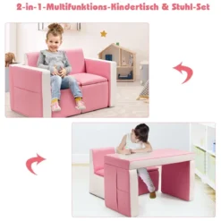 2 in 1 Kindersofa mit Tisch & 2 Stühle & Holzrahmen & PVC-Oberfläche Rosa