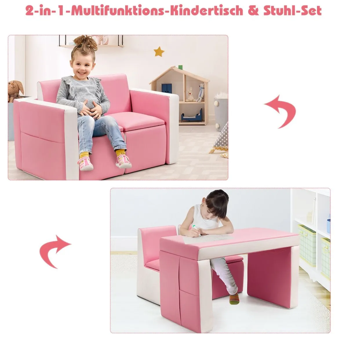 2 in 1 Kindersofa mit Tisch & 2 Stühle & Holzrahmen & PVC-Oberfläche Rosa