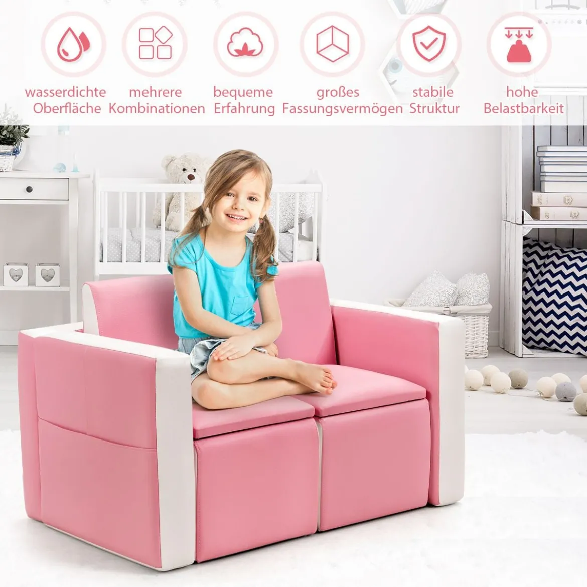 2 in 1 Kindersofa mit Tisch & 2 Stühle & Holzrahmen & PVC-Oberfläche Rosa