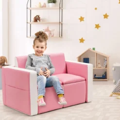 2 in 1 Kindersofa mit Tisch & 2 Stühle & Holzrahmen & PVC-Oberfläche Rosa