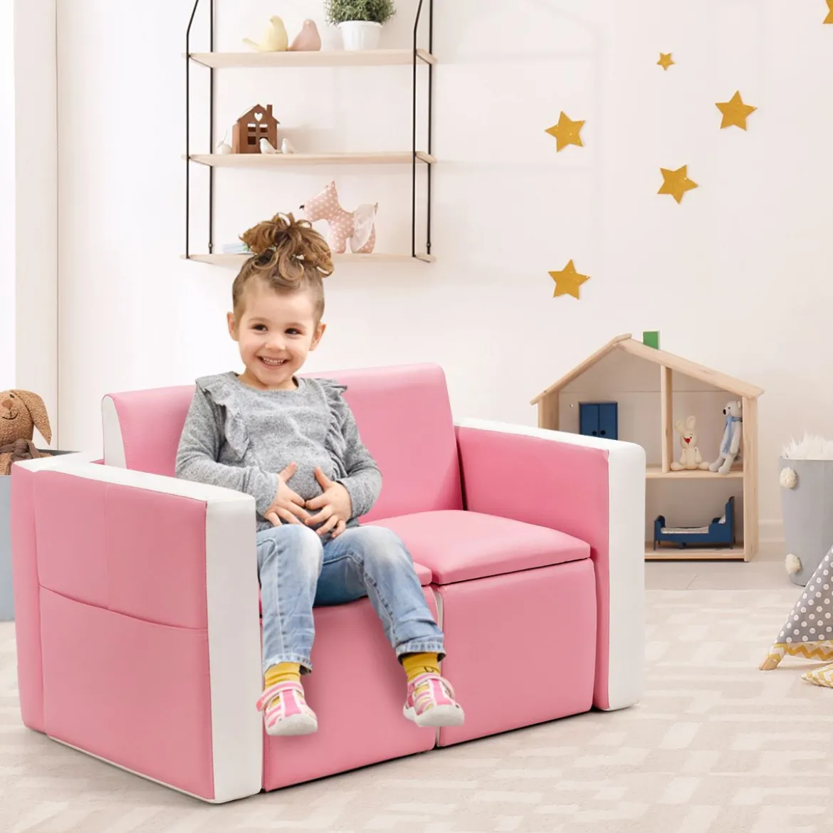 2 in 1 Kindersofa mit Tisch & 2 Stühle & Holzrahmen & PVC-Oberfläche Rosa