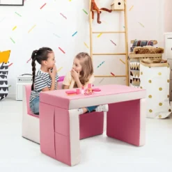 2 in 1 Kindersofa mit Tisch & 2 Stühle & Holzrahmen & PVC-Oberfläche Rosa