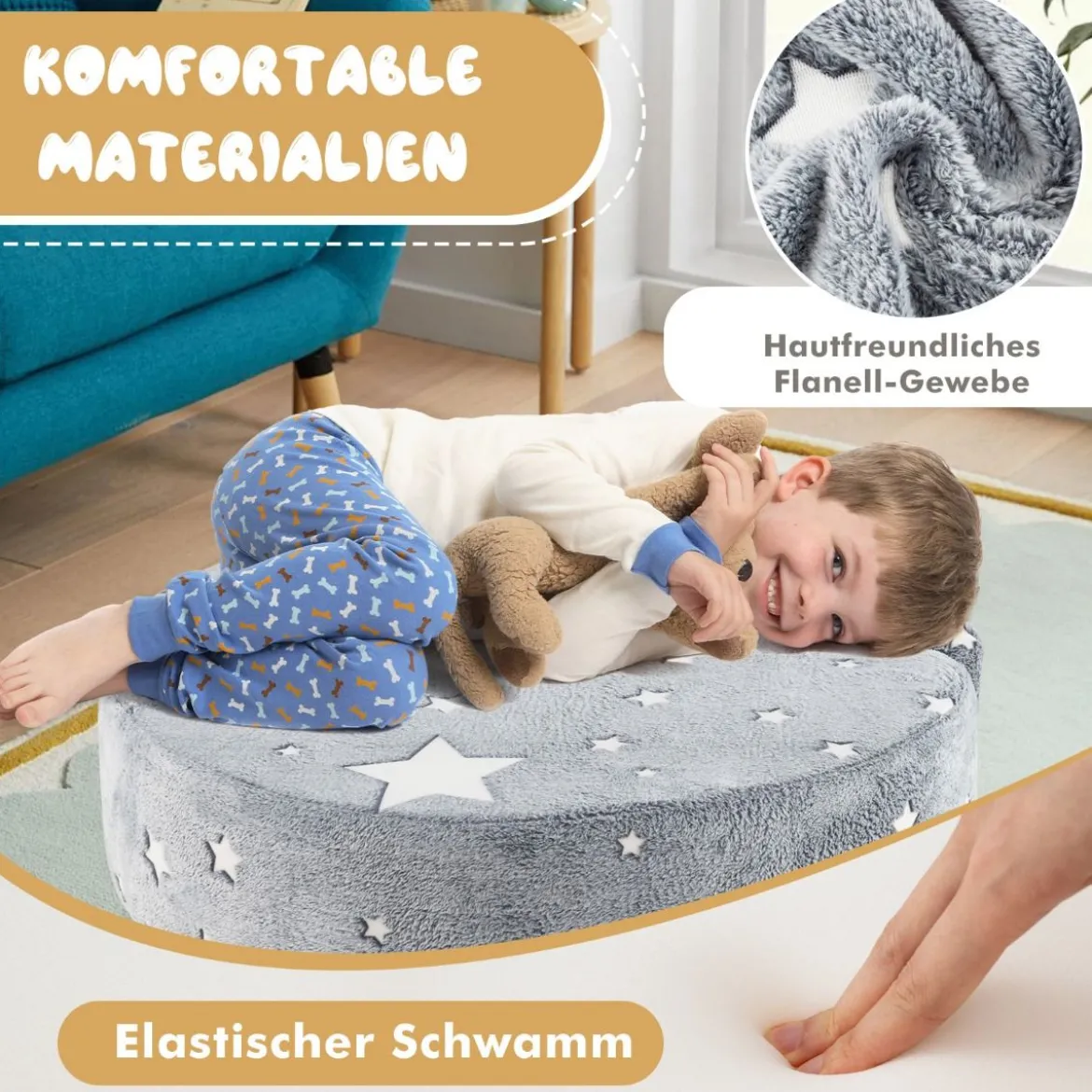 2 in 1 Kindersofa rund Spielsofa im Dunkeln Leuchtend Kindercouch gepolstert mit abnehmbarem Bezug Grau/Blau